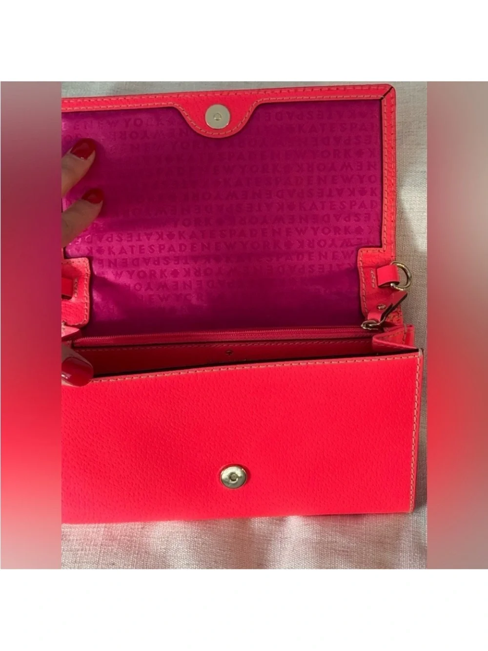 Kate Spade Wellesley Crossbody Wallet On Chain Red Coral Pebbled Leather - GUC